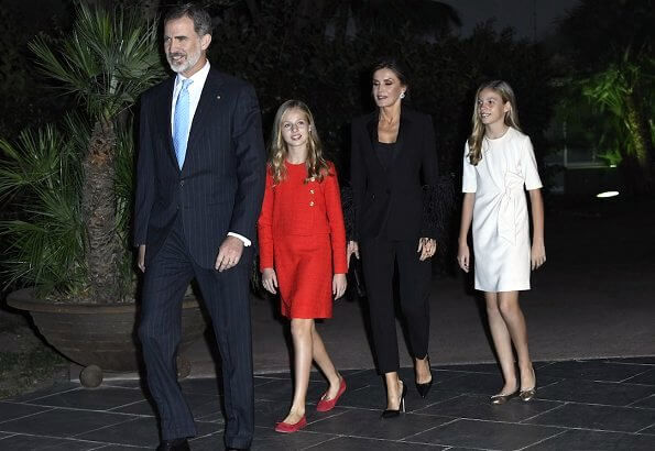 Queen Letizia wore Pertegaz suit, blazer and trousers. Crown Princess Leonor wore and red gold button blazer and skirt, Sofia wore white dress