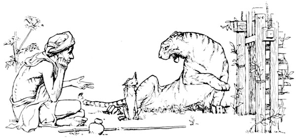 drawing of a man in a turban and dhoti on the left; a small, grinning jackal in the center; and a huge tiger snarling with one paw raised on the right