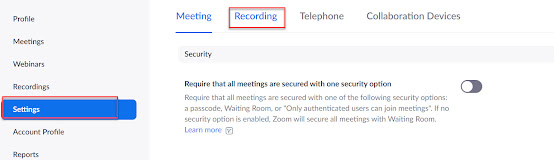 The web-based Zoom interface Settings menu has a tab with settings specific to Recording