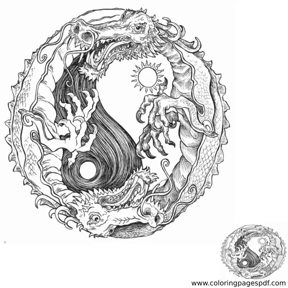 Coloring Page Of Yin Yang With Dragons