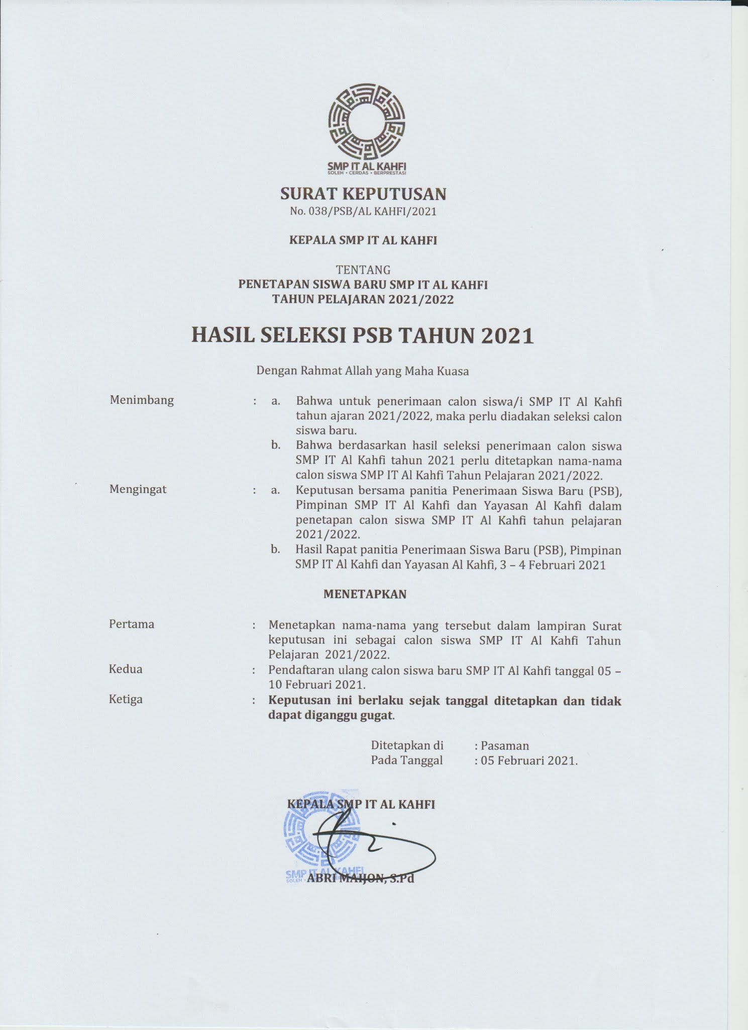 HASIL SELEKSI PSB SMP IT AL KAHFI TAHUN 2021 SMPIT AL KAHFI
