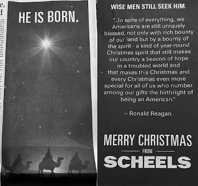 Ad with headline He Is Born - Wise Men Still Seek Him, with a star and three men on camels