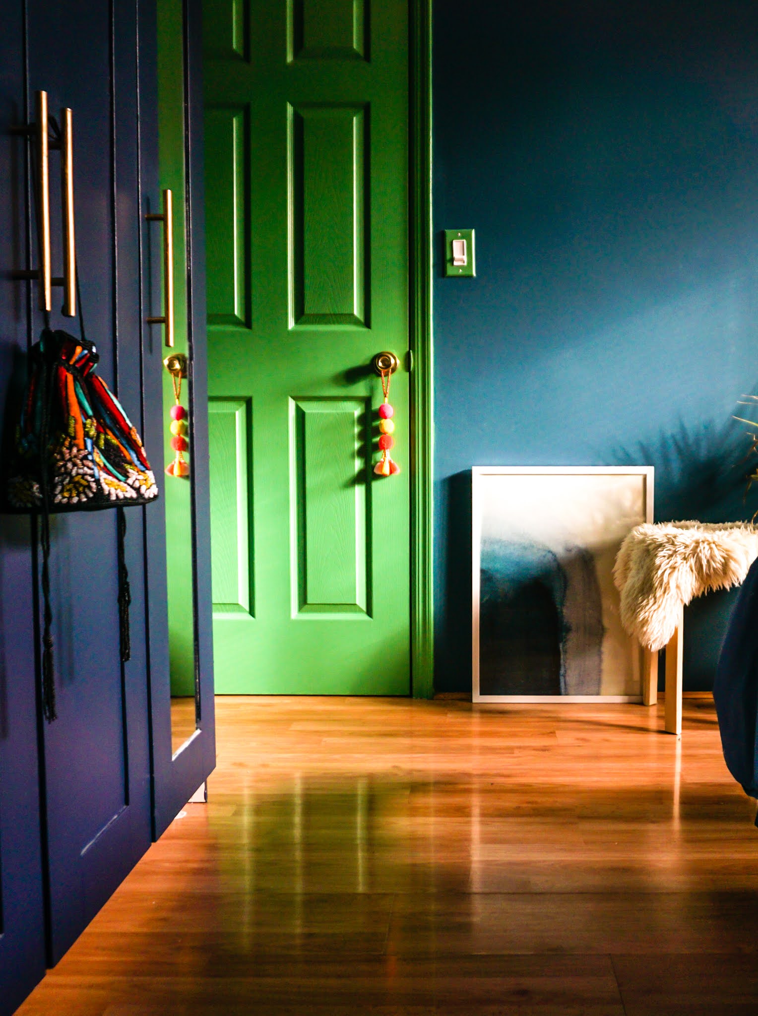 green bedroom door // green and blue bedroom // green and aqua bedroom // deep bedroom colors // soothing dark bedroom colors // bedroom color Inspo // color scheme blue and green // Kelly green door // Clare Paint matcha latte // Clare Paint deep dive // Clare Paint goodnight moon // blue bedroom // green bedroom // colorful doors // colorful interiors // colorful interior door // colorful homes // Megan Zietz home // tfdiaries home // green bedroom door // deep blue walls // dark and moody bedrooms // small colorful homes // small space paint colors // colorful home inspiration // contrasting door colors // door color ideas // door color inspo // boho bedrooms // moody bedrooms // jewel tone bedrooms // brimnes Ikea hack // brimnes wardrobe hack // ikea brimnes wardrobe hack