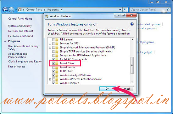Enable Telnet in windows 7 | PO Tools
