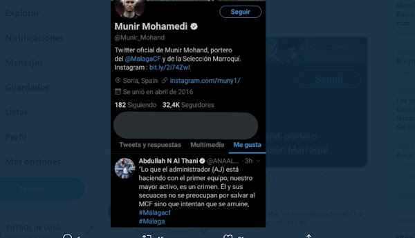 Málaga, Munir hace RT a los tuits de Al-Thani