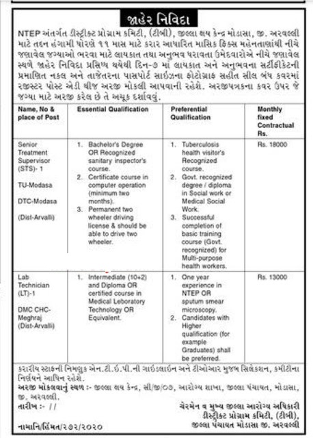 District Panchayat Modasa Recruitment for Lab. Technician & Senior Treatment Supervisor Posts 2020