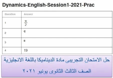 حل الامتحان التجريبى مادة الديناميكا باللغة الانجليزية الصف الثالث الثانوى يونيو 2021 