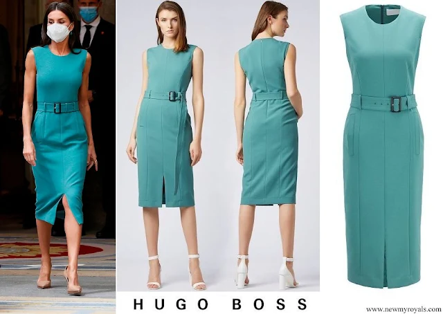 Queen Letizia wore a turquoise green dadoria midi length shift dress from Hugo Boss