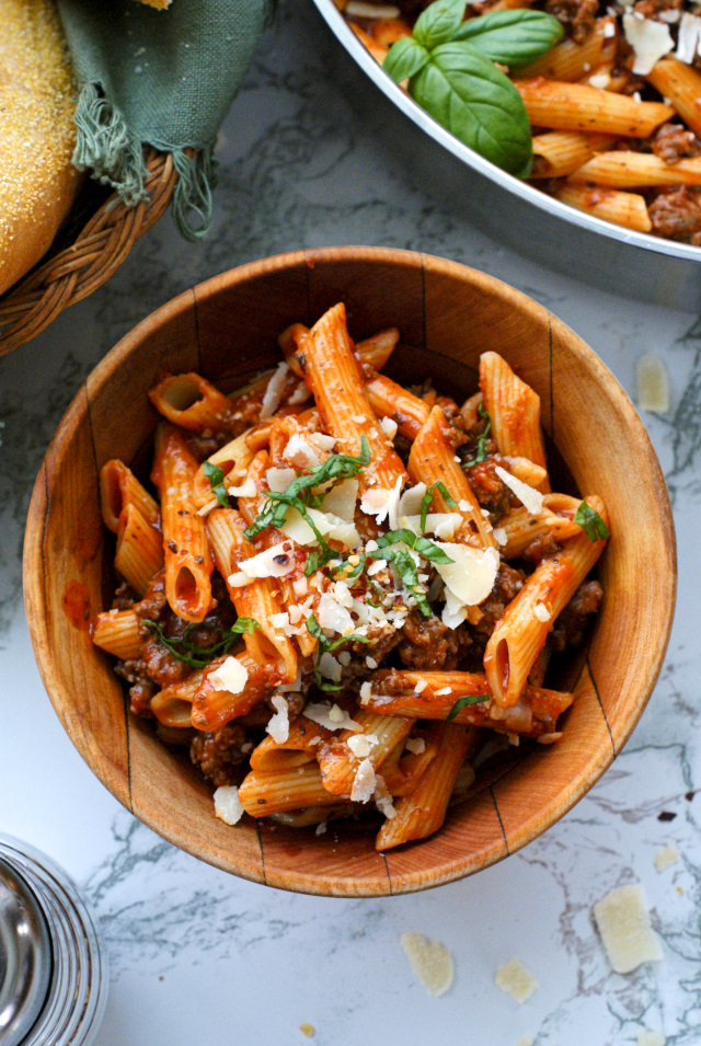 One Skillet Beef Marinara Penne The Two Bite Club