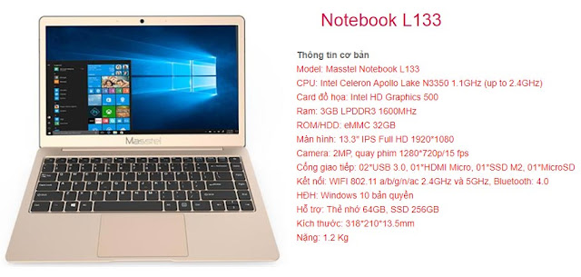Laptop Masstel L133 Celeron N3350 128GB các thông số kỹ thuật