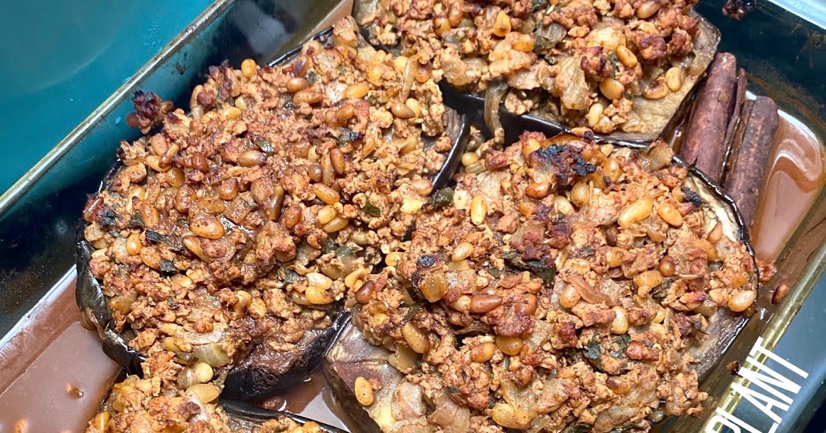 Ottolenghi's Stuffed Eggplant with Chicken and Pine Nuts