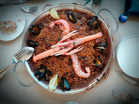 Seafood Paella or Paella Marinera at Celler Sant Antoni in Blanes, Costa Brava, Catalonia, Spain