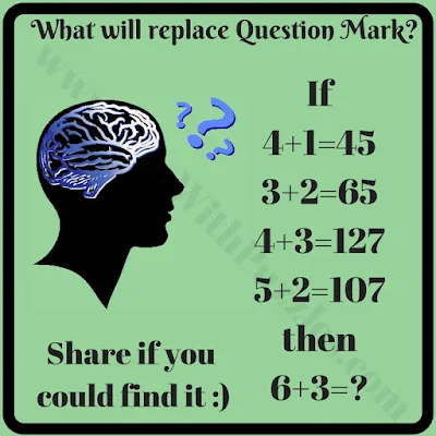 If 4+1=45, 3+2=65, 4+3=127, 5+2=107 Then 6+3=?. Can you solve this Logic Puzzles Maths Reasoning Question?