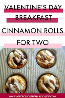 A small batch of piping hot cinnamon rolls bursting with all that cinnamony goodness and slathered with a sweet gooey icing is all you need for a sweet Valentine's Day breakfast!  - Slice of Southern