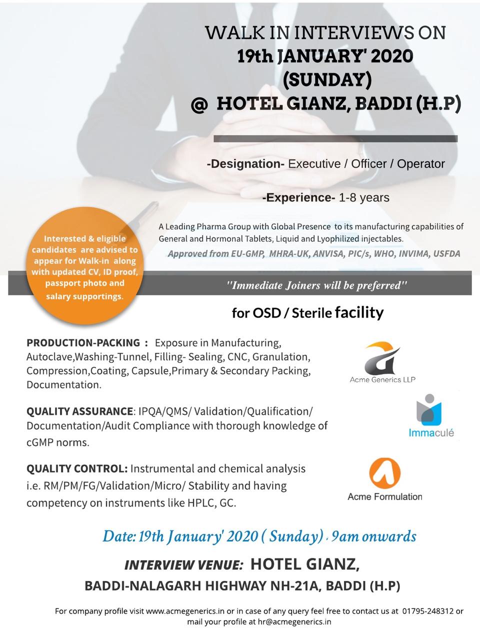 Acme Generics WalkIn Interview for QA / QC / Production / Packing on