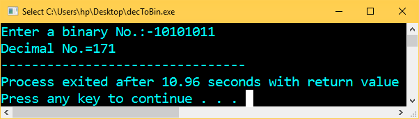 Program in C++ to Convert Binary to Decimal number Using Function