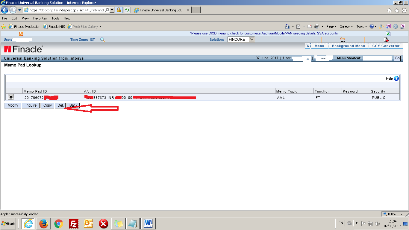 CPC MEMO PAD in DOP Finacle and its Usage