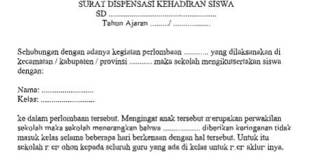 Surat Dispensasi Kehadiran Siswa Dokumen Sekolah Dasar