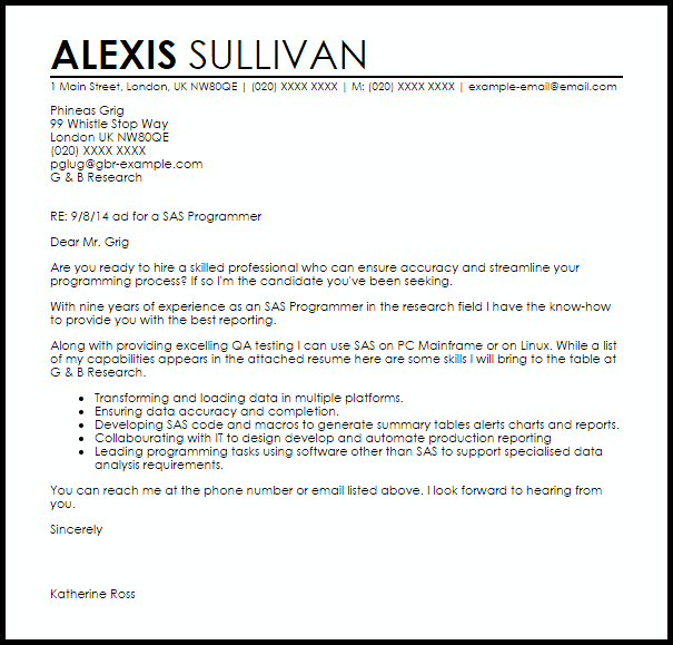Cover Letter For Clinical Sas Programmer Sample Letter