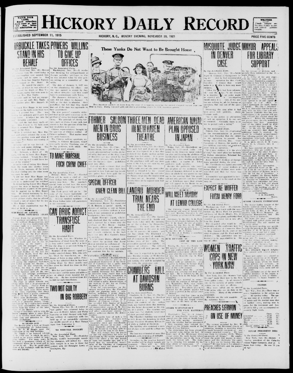 Rural North Carolina History Hickory Daily Record, Nov. 28, 1921