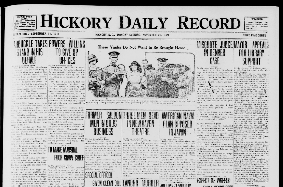 Rural North Carolina History Hickory Daily Record, Nov. 28, 1921