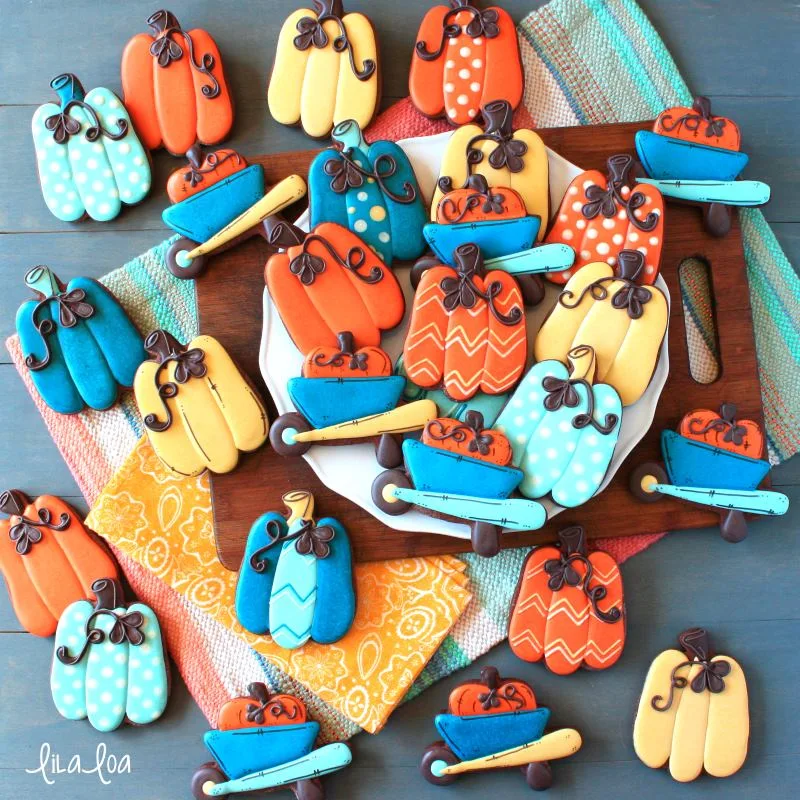 Fall and harvest themed chocolate decorated sugar cookies