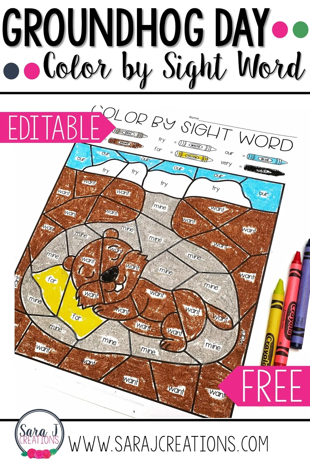 Free groundhog day color by sight word pages. These are awesome because they are editable so you can add any sight word and they will automatically fill into the picture below. These make a great printable activity for kindergarten, first grade, or second grade. Click to download your copy today!
