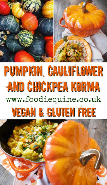 www.foodiequine.co.uk Veggie curry has never tasted so good. Vegan and Gluten Free this recipe is perfect for using seasonal Pumpkin innards - we need to realise that pumpkins are a valuable source of food and not just for decoration. It can also be made year round using fresh or frozen butternut squash.