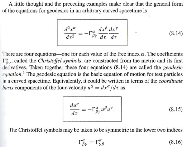 Developing the geodesic equation for curved spacetime (Source: J. Hartle, "Gravity - An Intro to Einstein's GR)