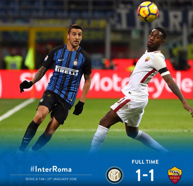Inter e Roma continuano a non vincere in Serie A: 1-1 a San Siro nel posticipo
