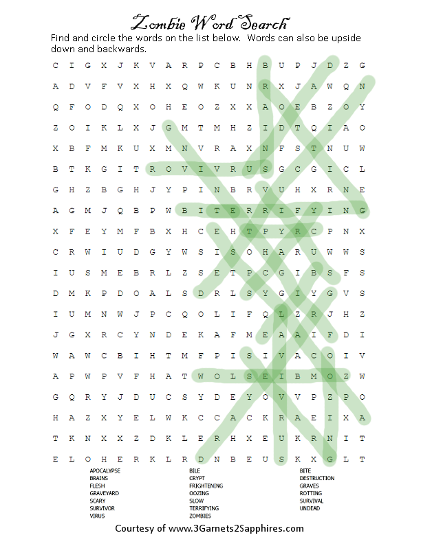 Answer key for free printable zombie-themed word search puzzle  |  www.3Garnets2Sapphires.com
