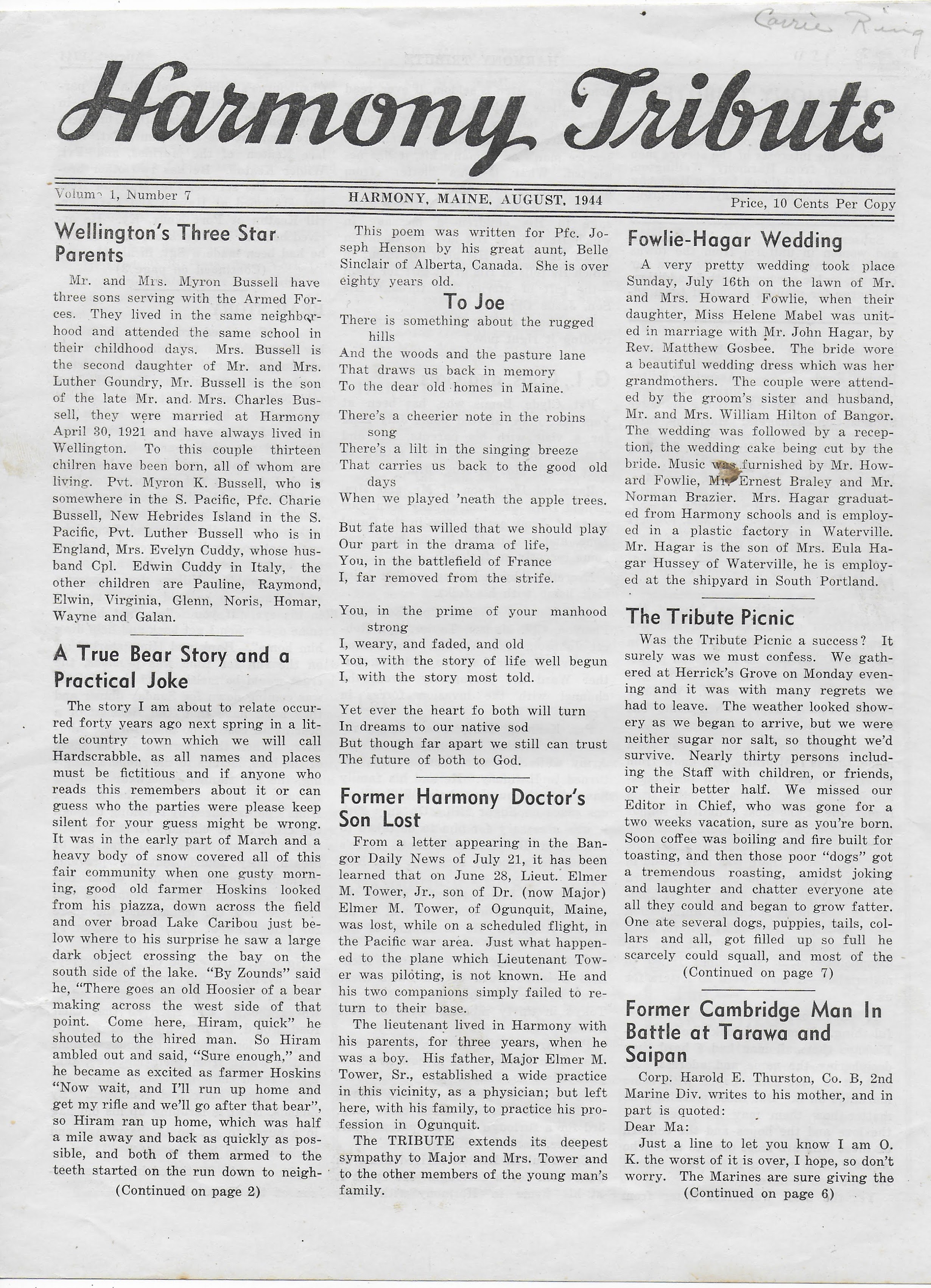 Heirlooms Reunited August 1944 Issue of the Harmony Tribute of Harmony