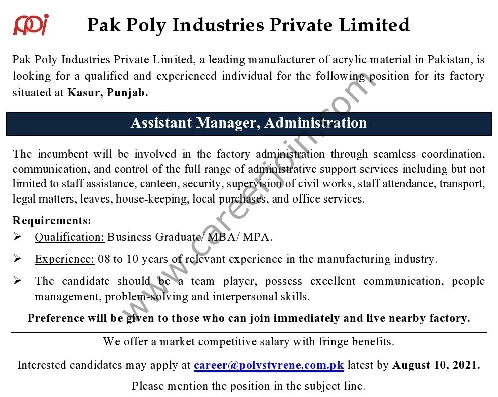 Pak Poly Industries Pvt Ltd Jobs Assistant Manager Administration