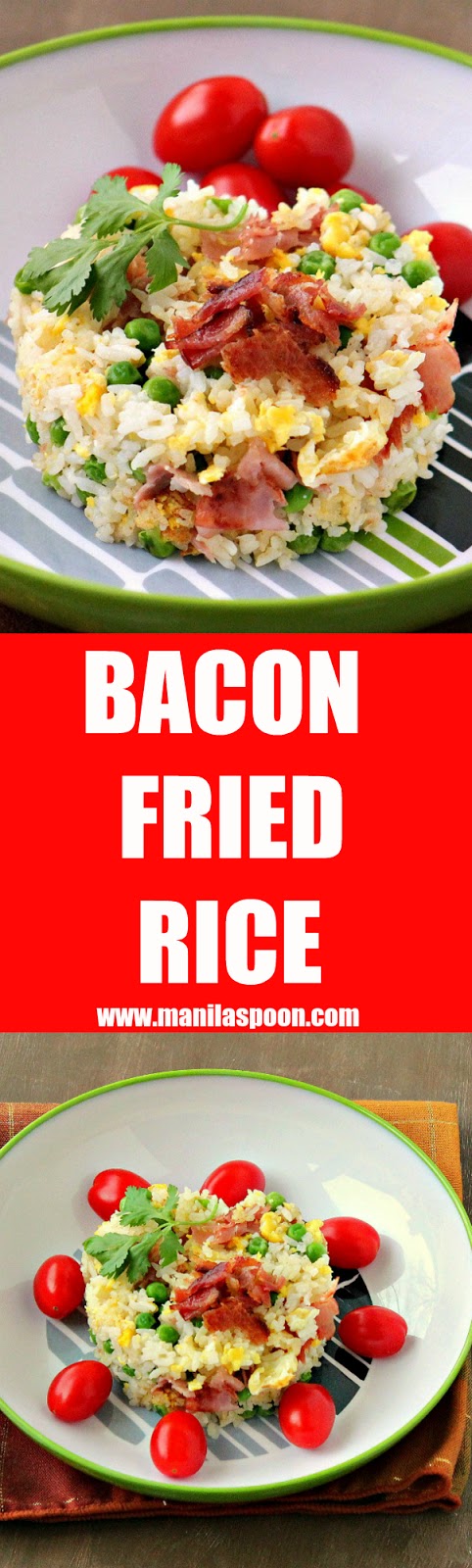 Left-over rice? No problem! Turn it into delicious fried rice flavored with bacon, garlic and eggs! Easy and delicious instant side dish! | manilaspoon.com Left-over rice? No problem! Turn it into delicious fried rice flavored with bacon, garlic and eggs! Easy and delicious instant side dish! | manilaspoon.com