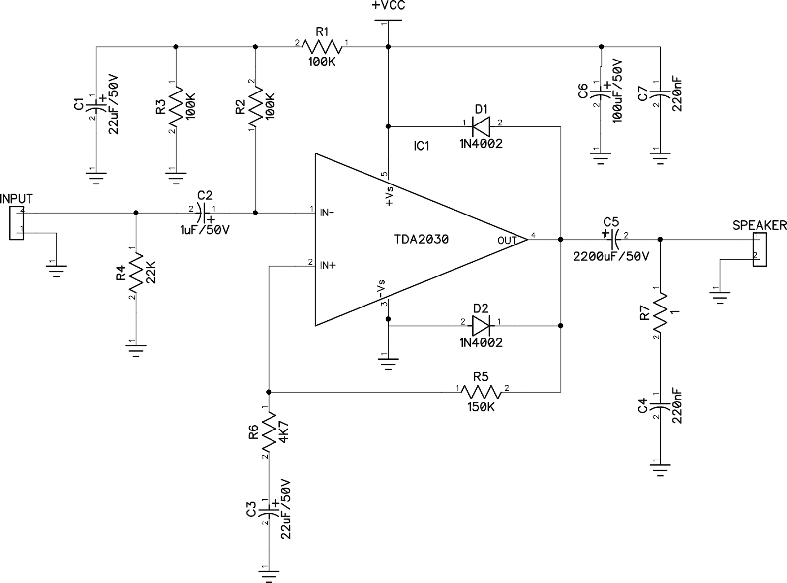 Rangkaian Power Amplifier dengan IC TDA2030 Rangkaian Elektronika Dasar