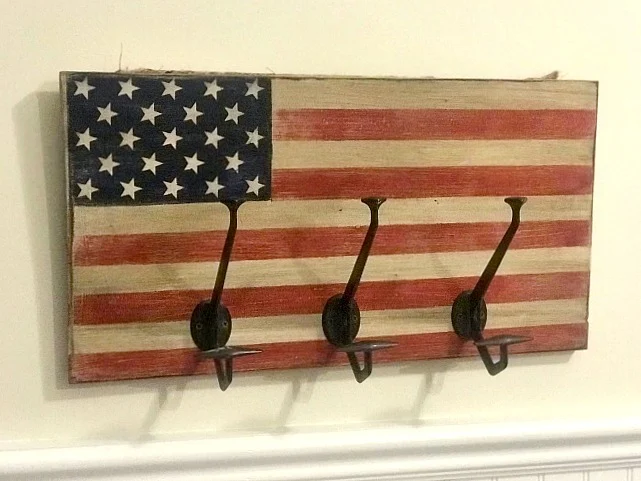 Rustic American flag with hooks
