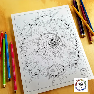 The full sized "We can do hard things" coloring page is positioned in the middle of the frame surrounded by Koh-i-noor Polycolor colored pencils, ready to color.