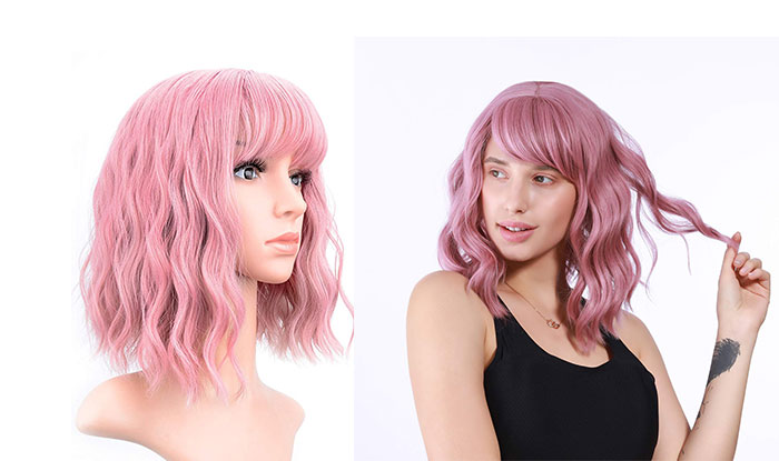 VCKOVCKO Pastel Wavy Wig With Air Bangs Women's Short Bob Purple Pink Wig Curly Wavy Shoulder Length Pastel Bob Synthetic Cosplay Wig for Girl Col orful Costume Wigs