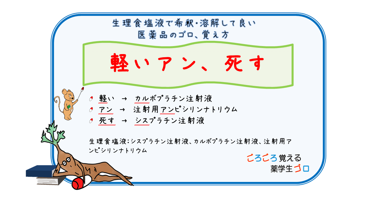 生理食塩液で希釈･溶解して良い医薬品のゴロ、覚え方 【薬剤師国家試験対策】ごろごろ覚える薬学生ゴロ CBT･薬剤師国家試験対策