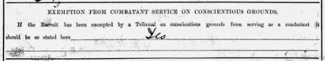 Extract from services papers for the Non-Combatant Corps