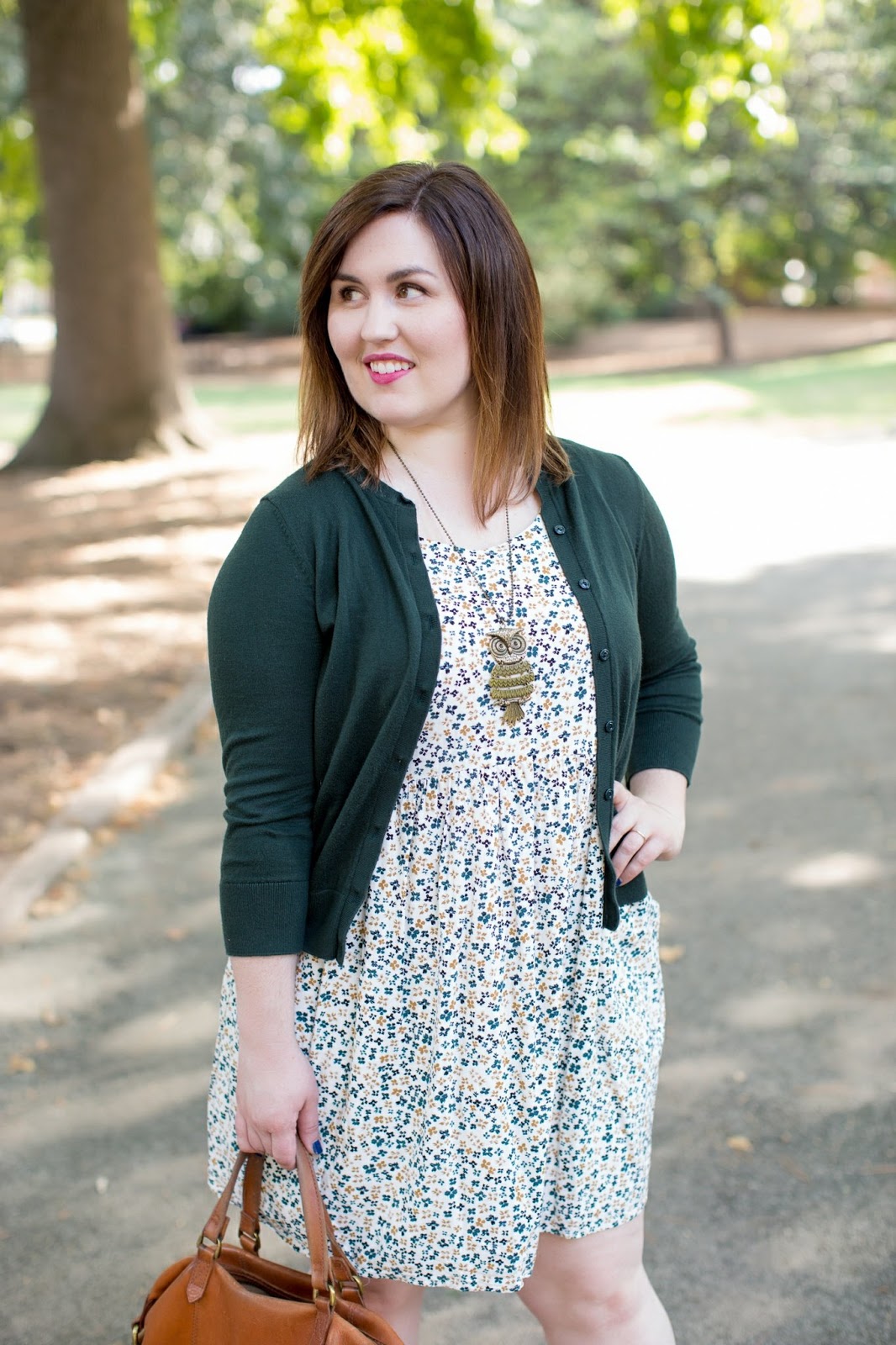 Rebecca Lately Old Navy Floral Dress Loft Cardigan Owl Necklace Madwell Kensington Forever 21 Heels