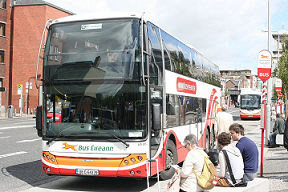 Picture of a double-deck Bus Eireann bus outside Connolly Station, Dublin