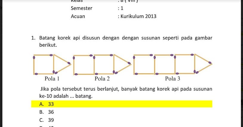Soal Pts Matematika Kelas 8 Sem Ganjil Kurikulum 2013 Soal Pelajaran