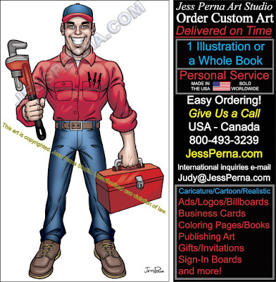 Cartoon Plumber with Wrench and Toolbox  Ad