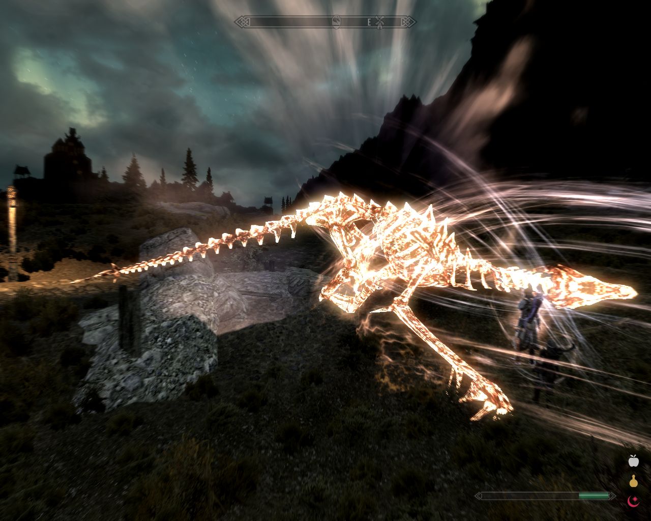 night, Laura stands near a huge dragon skeleton that looks like glowing