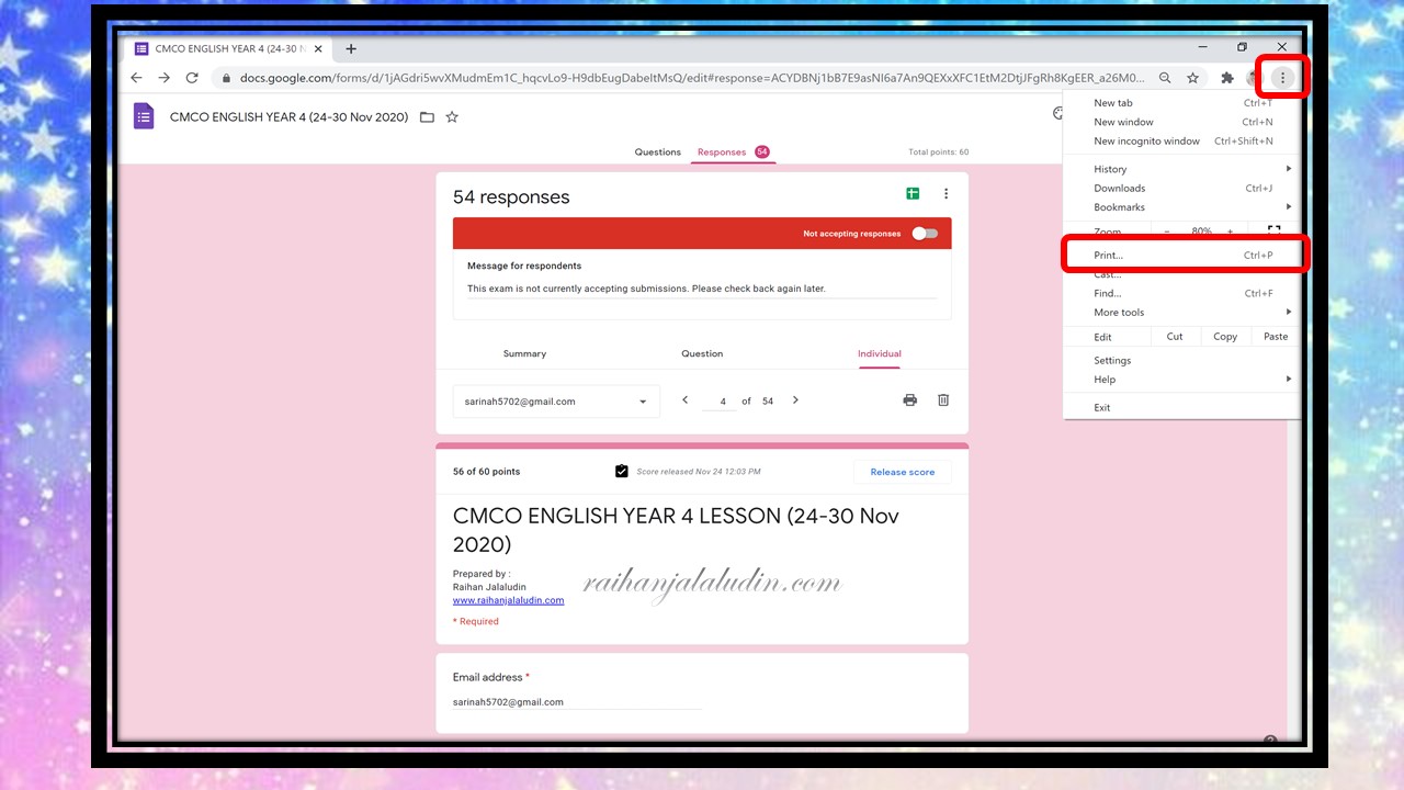 Cara Print Kuiz Google Form Murid Yang Telah Disemak Beserta Markah