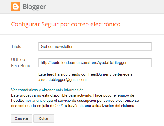 El widget FollowByEmail dejara de funcionar en julio de 2021