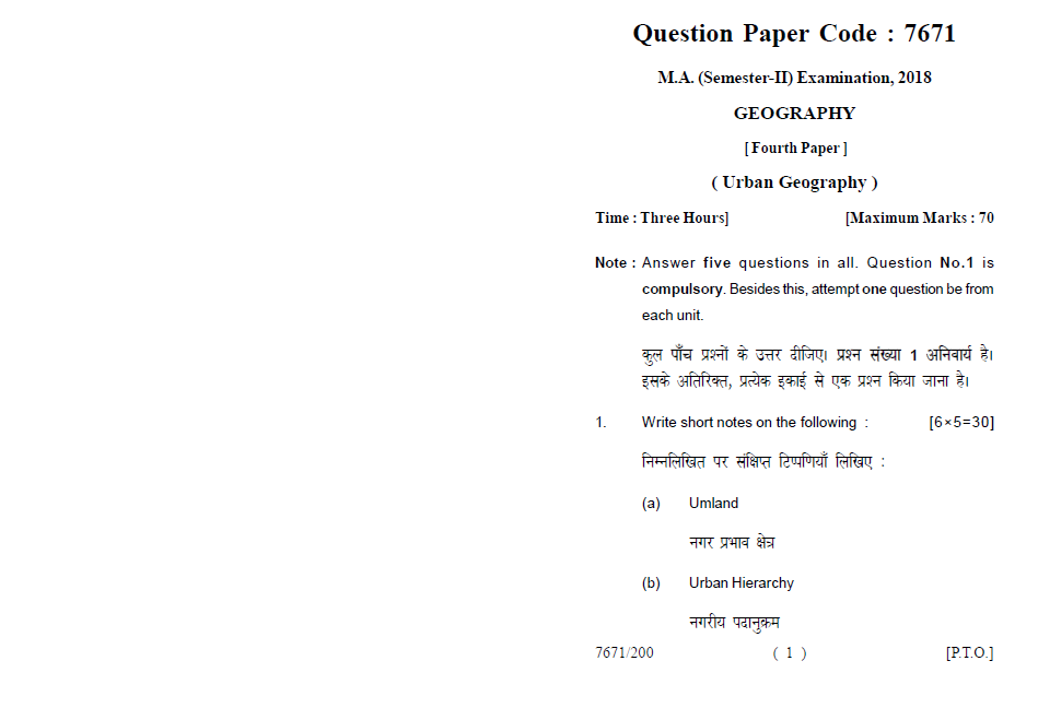 Lucknow University M.A.(SemesterII) GEOGRAPHY [ Fourth Paper ] Urban