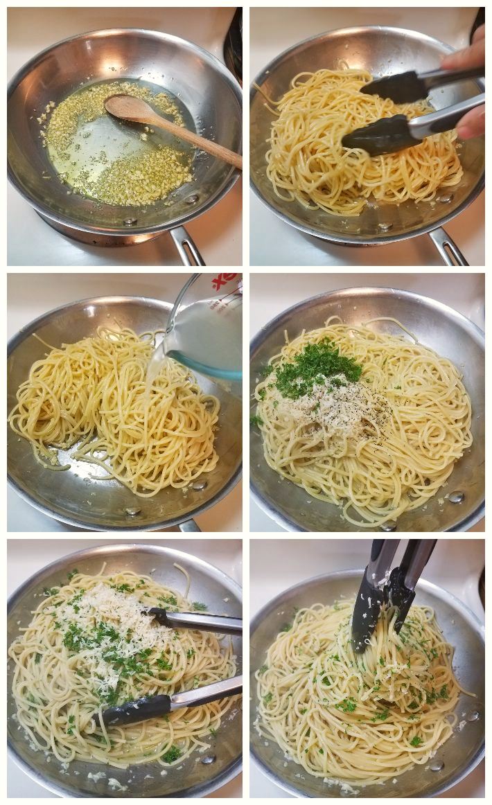 Preparación de la pasta con ajo y perejil paso a paso, collage de 6 fotos