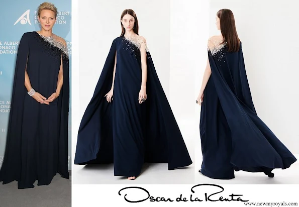 Princess Charlene wore Oscar De La Renta Navy Embroidered Illusion And Stretch-Georgette Cape-Back Caftan